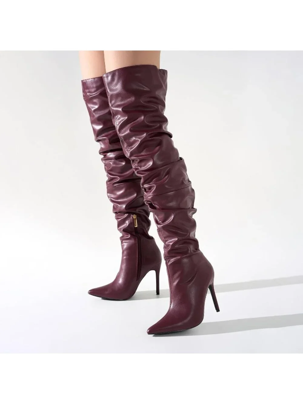 Women Burgundy Pointed Toe Thigh High Stiletto Heels Slouchy Over-the-Knee Boot
